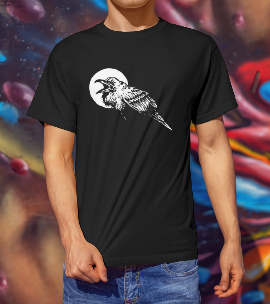 Raven Crow F Caw F Vintage Retro Bird Full Moon Silhouette In Flight T-Shirt