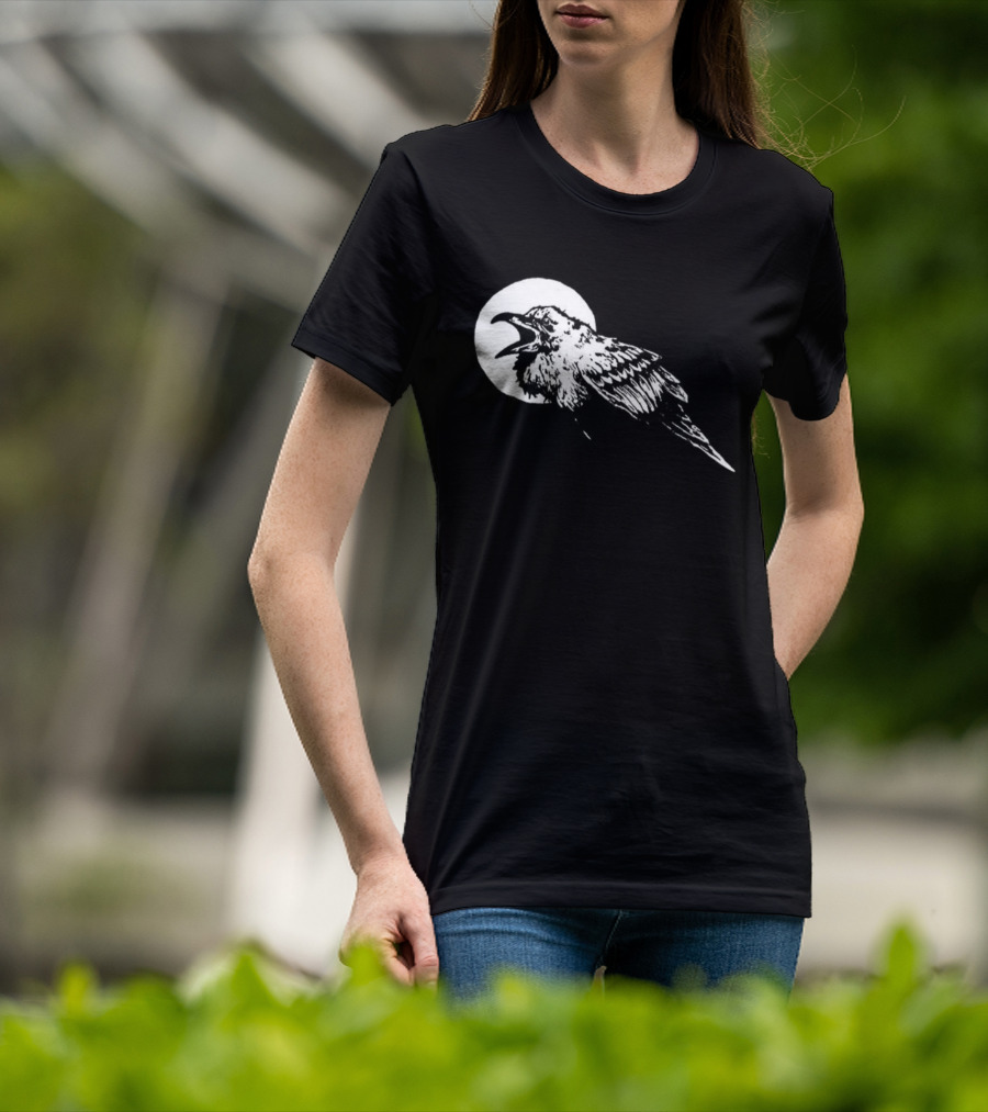 Raven Crow F Caw F Vintage Retro Bird Full Moon Silhouette In Flight T-Shirt