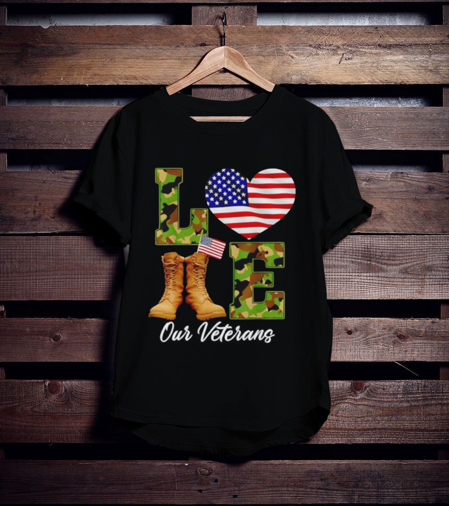 Love Veterans Day American Flag Military Camouflage Boots T-Shirt