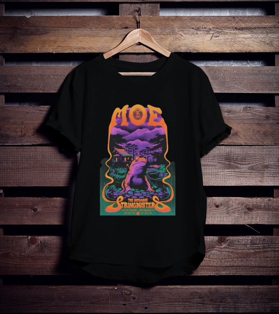 Moe. The Infamous Stringduster Halloween 2025 New Orleans Joy Theater Frog Swamp Scene T-Shirt