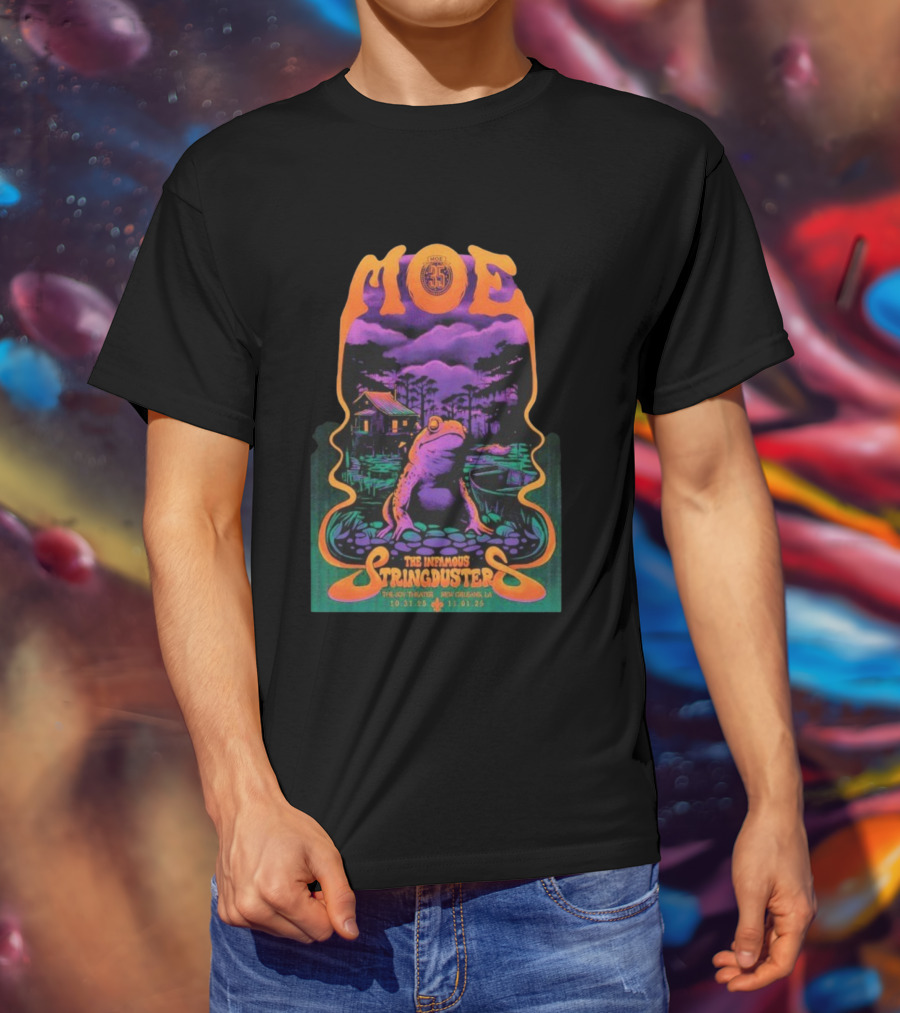 Moe. The Infamous Stringduster Halloween 2025 New Orleans Joy Theater Frog Swamp Scene T-Shirt