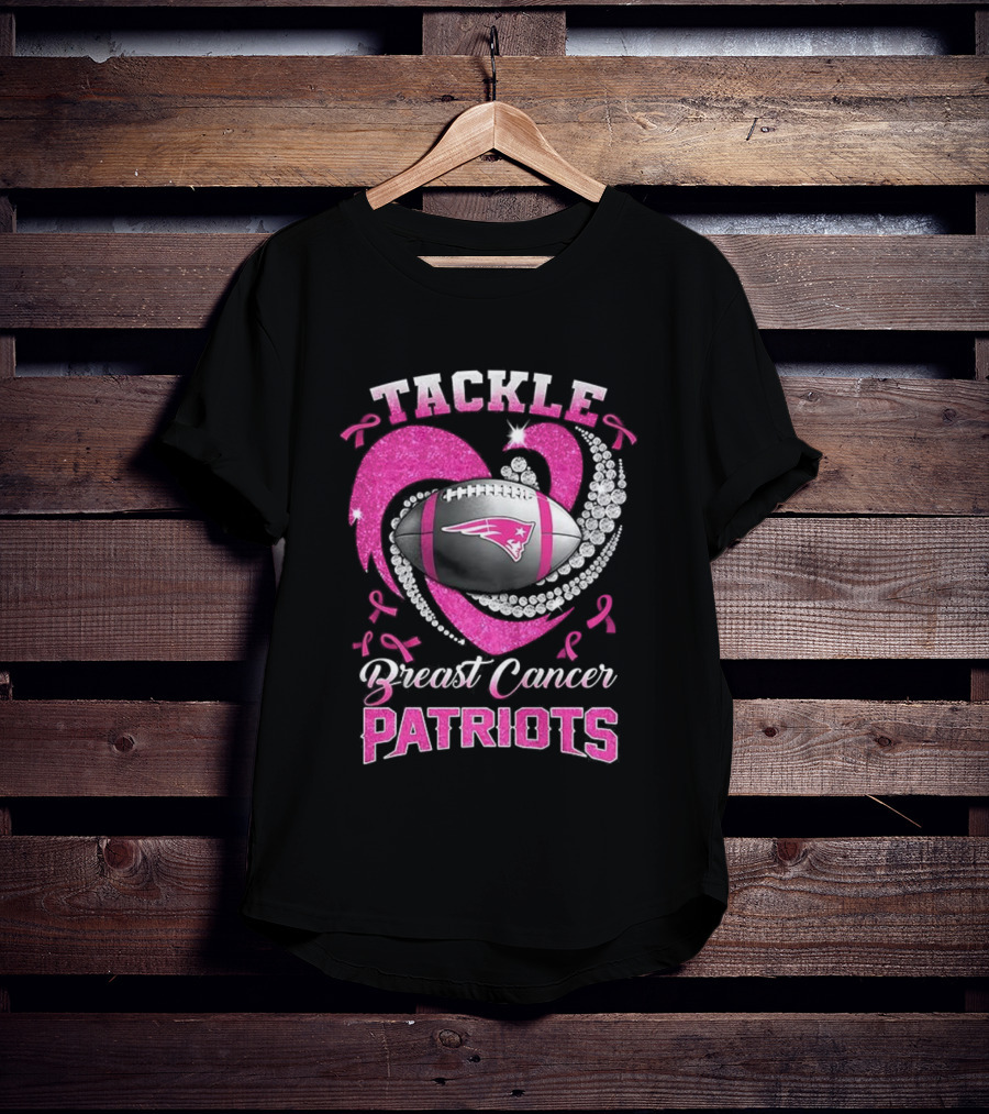 Tackle Breast Cancer New England Patriots Pink Ribbon Heart Football T-Shirt