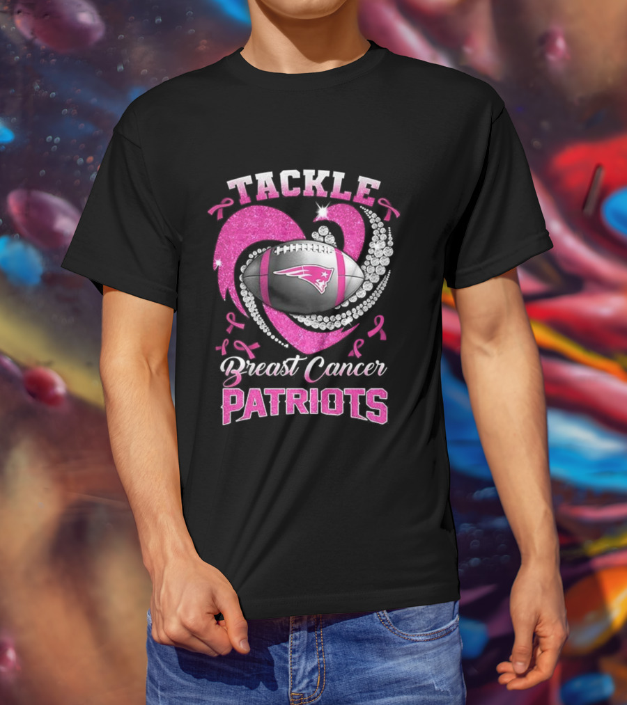 Tackle Breast Cancer New England Patriots Pink Ribbon Heart Football T-Shirt