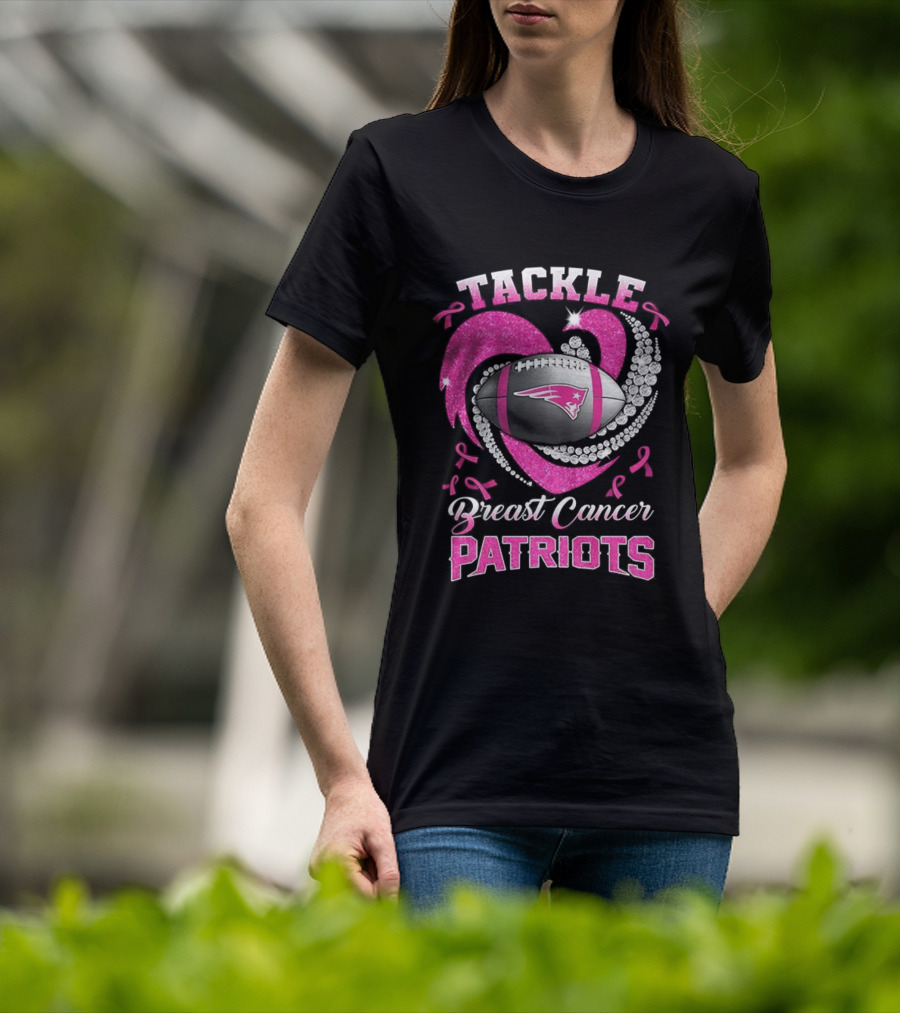Tackle Breast Cancer New England Patriots Pink Ribbon Heart Football T-Shirt