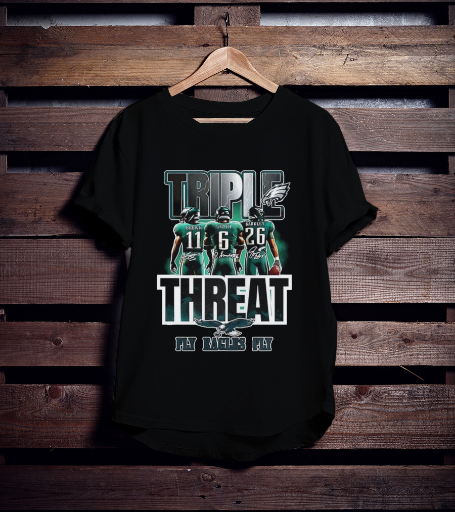 Philadelphia Eagles 2025 Triple Threat Fly Eagles Fly Brown Smith Barkley T-Shirt