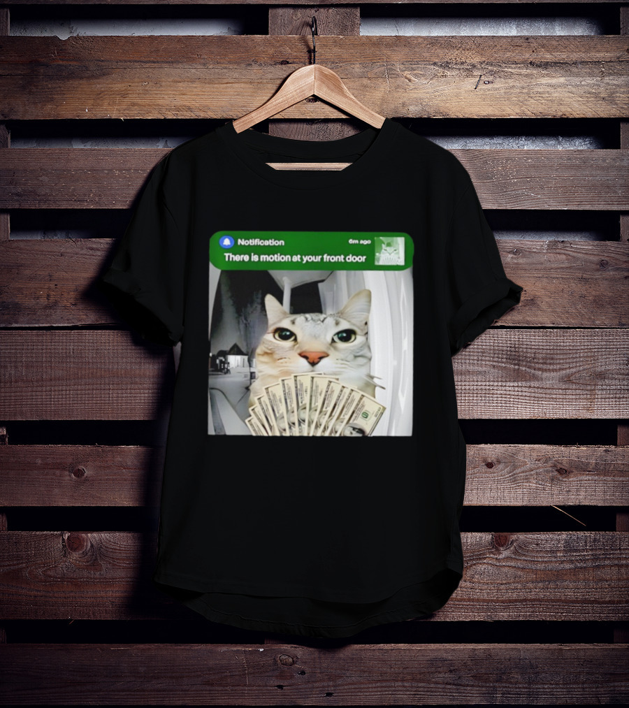 Notification Funny Cat Meme Motion At Your Front Door Money T-Shirt
