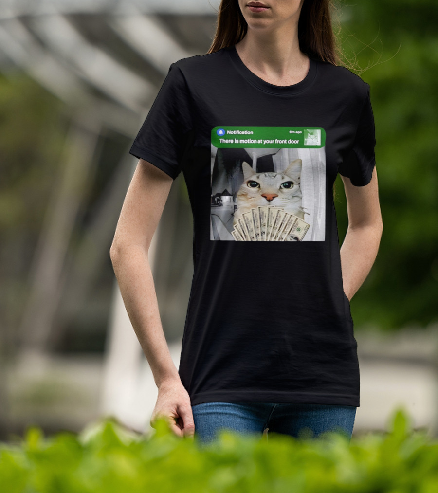 Notification Funny Cat Meme Motion At Your Front Door Money T-Shirt