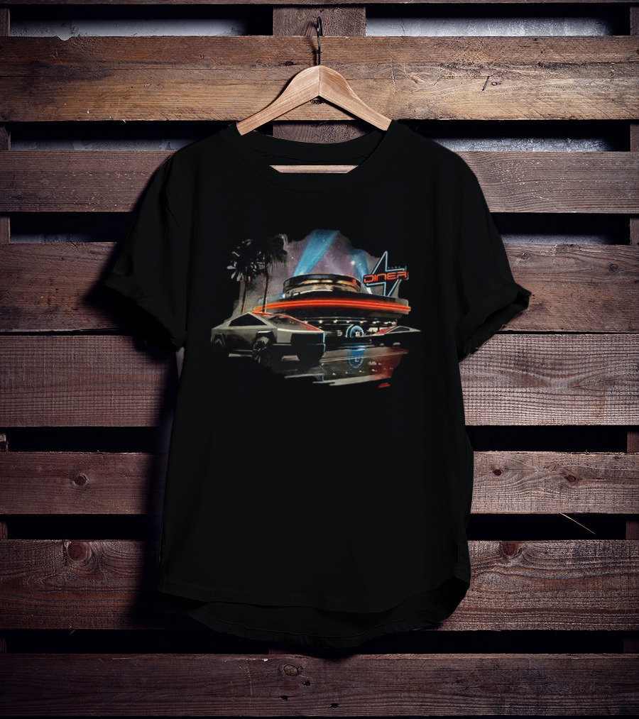 Tesla Cybertruck Diner Route 66 Hollywood Retro Nighttime Scene T-Shirt