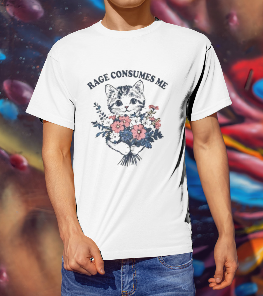 Rage Consumes Me Cat Holding Flower Vintage T-Shirt