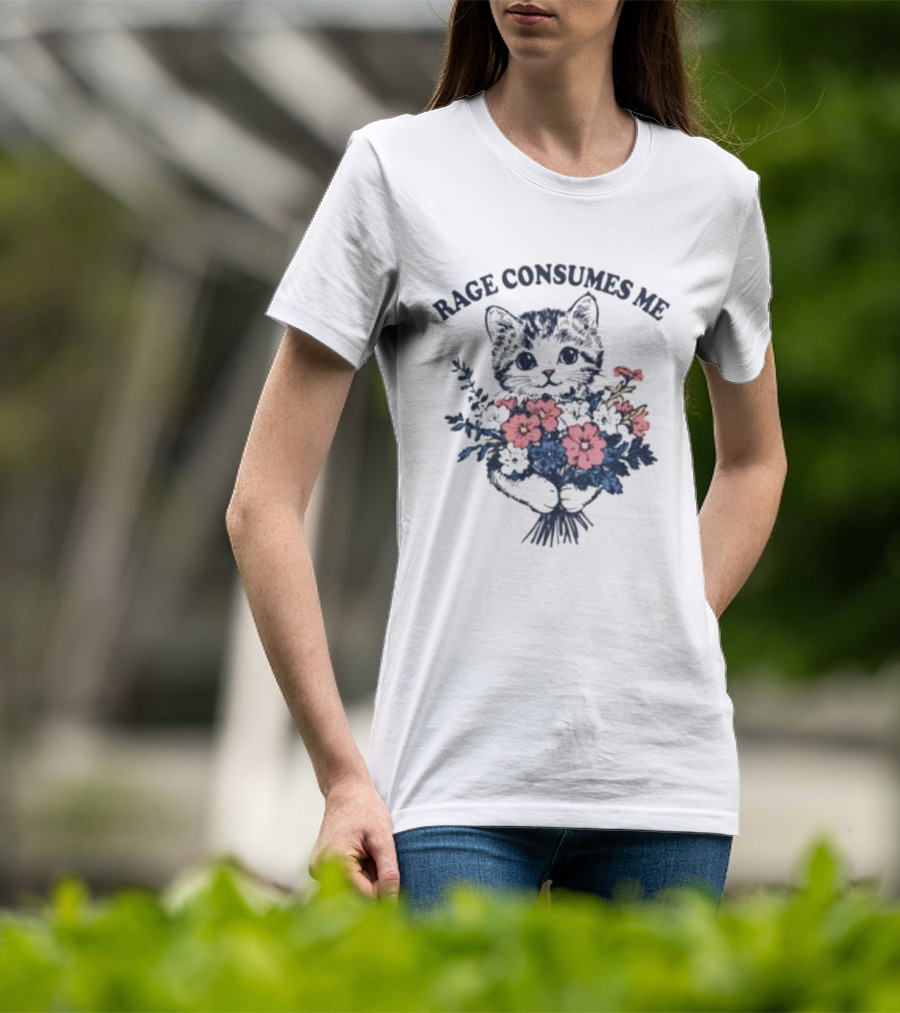 Rage Consumes Me Cat Holding Flower Vintage T-Shirt
