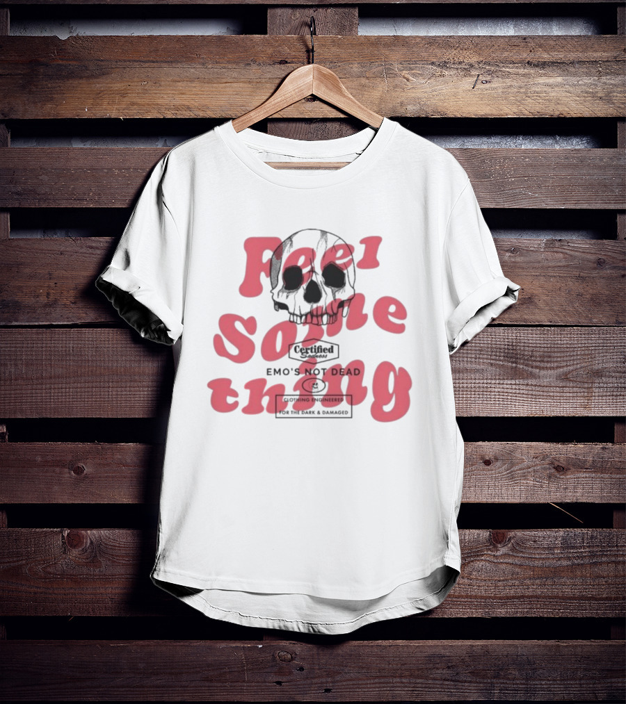 Emo’s Not Dead Feel Something Skull Vintage Style Pink Text T-Shirt