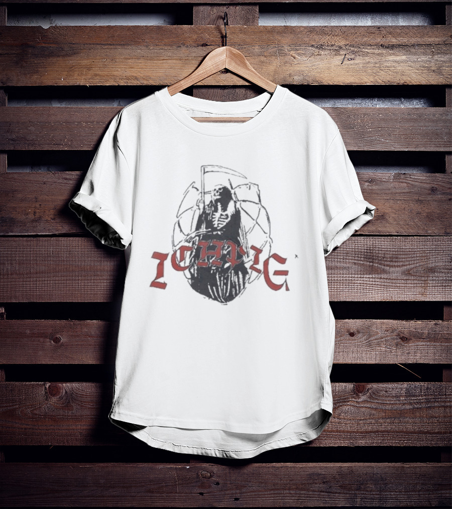 Ichpig Grim Reaper Ichpig Red Arch Text Over Black Cloaked Skeleton T-Shirt