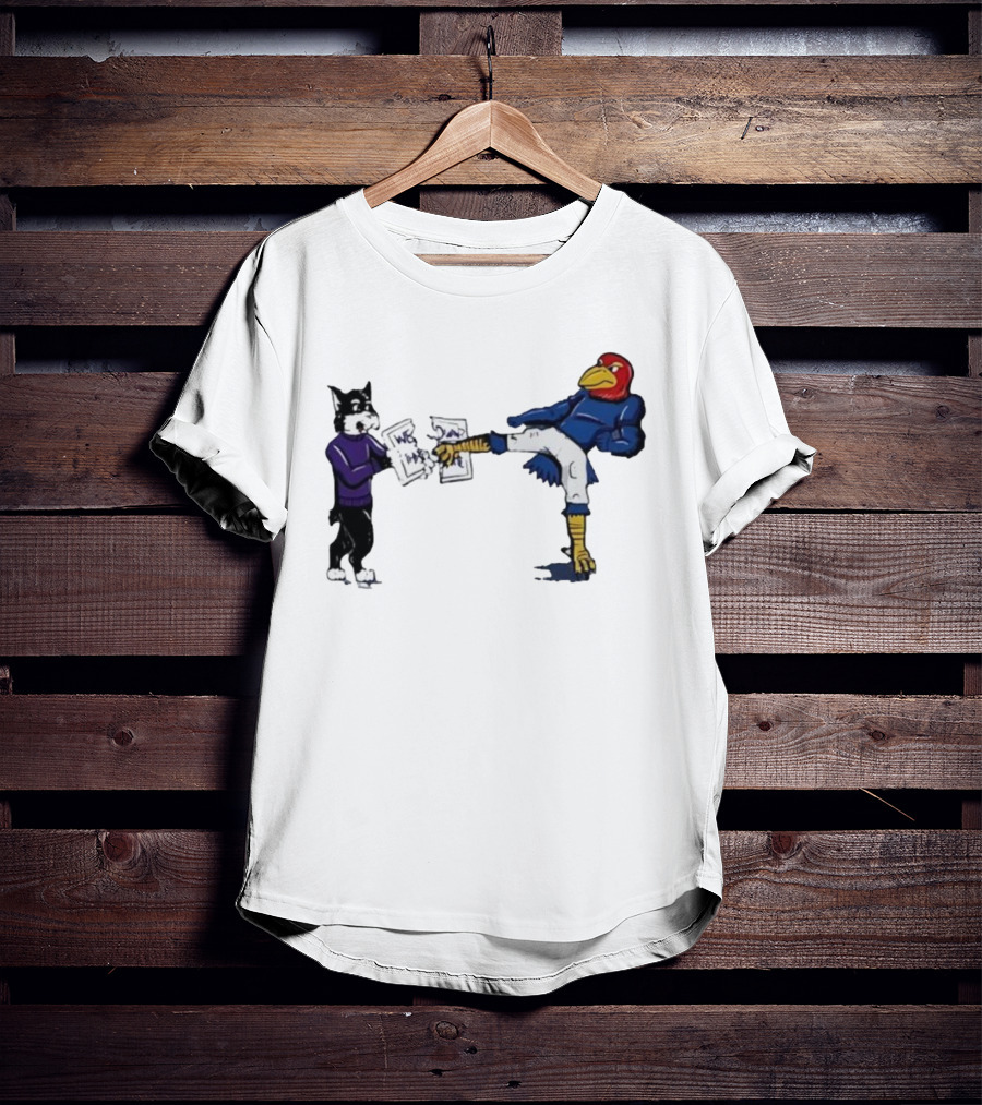Kansas Jayhawk Mascot Kicking Wildcat We Own State T-Shirt