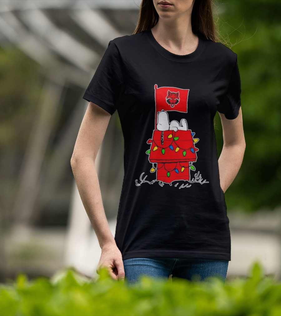 Arkansas State Red Wolves Snoopy Holiday Lights House Peanuts T-Shirt