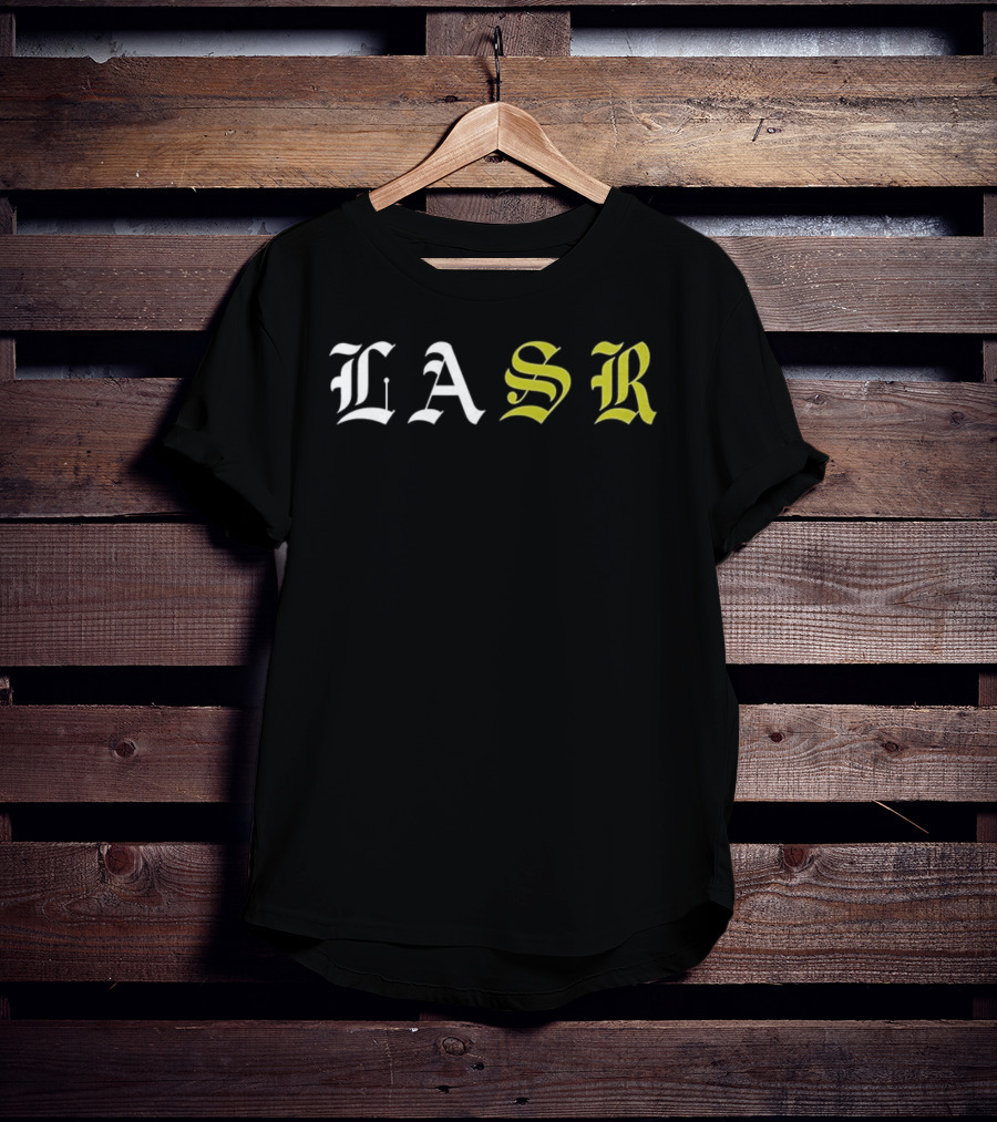 LASR Old English Style Letters Los Angeles Sports Report T-Shirt