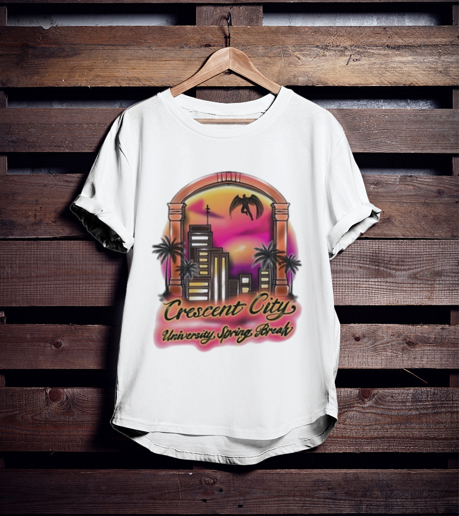 Crescent City University Spring Break Airbrush Tropical Sunset Skyscraper Archway Angel Wings T-Shirt