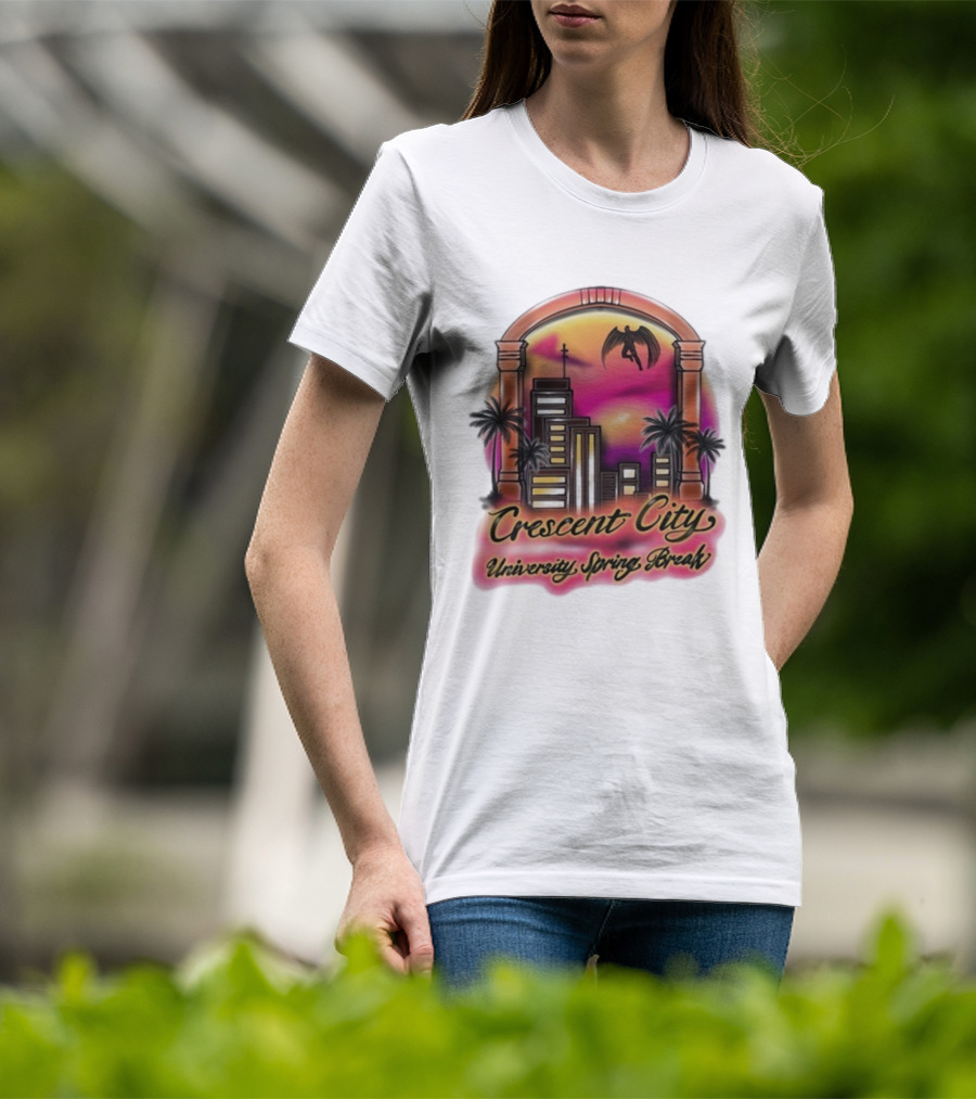 Crescent City University Spring Break Airbrush Tropical Sunset Skyscraper Archway Angel Wings T-Shirt