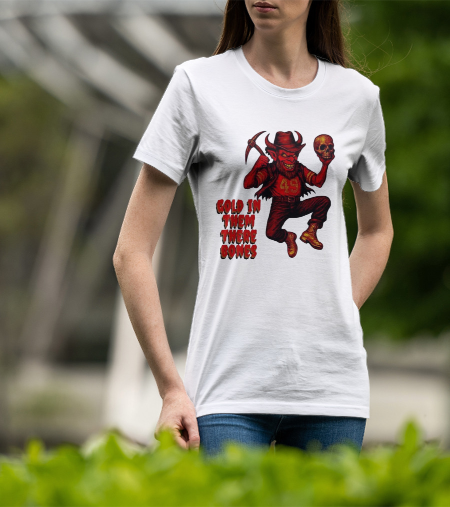 San Francisco 49er Devil Holding Skull Gold In Them There Bones T-Shirt