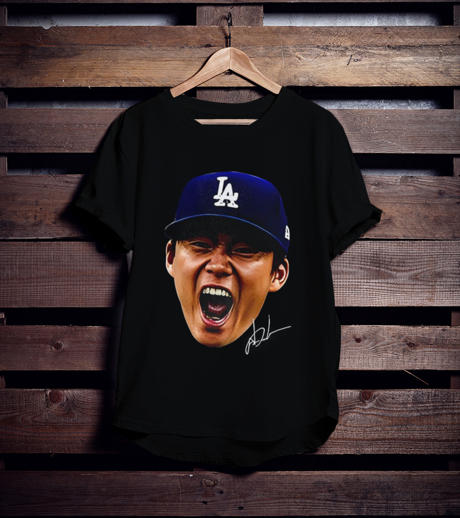 Yoshinobu Yamamoto LA Cap Big Head World Series Champions 2025 Signature T-Shirt