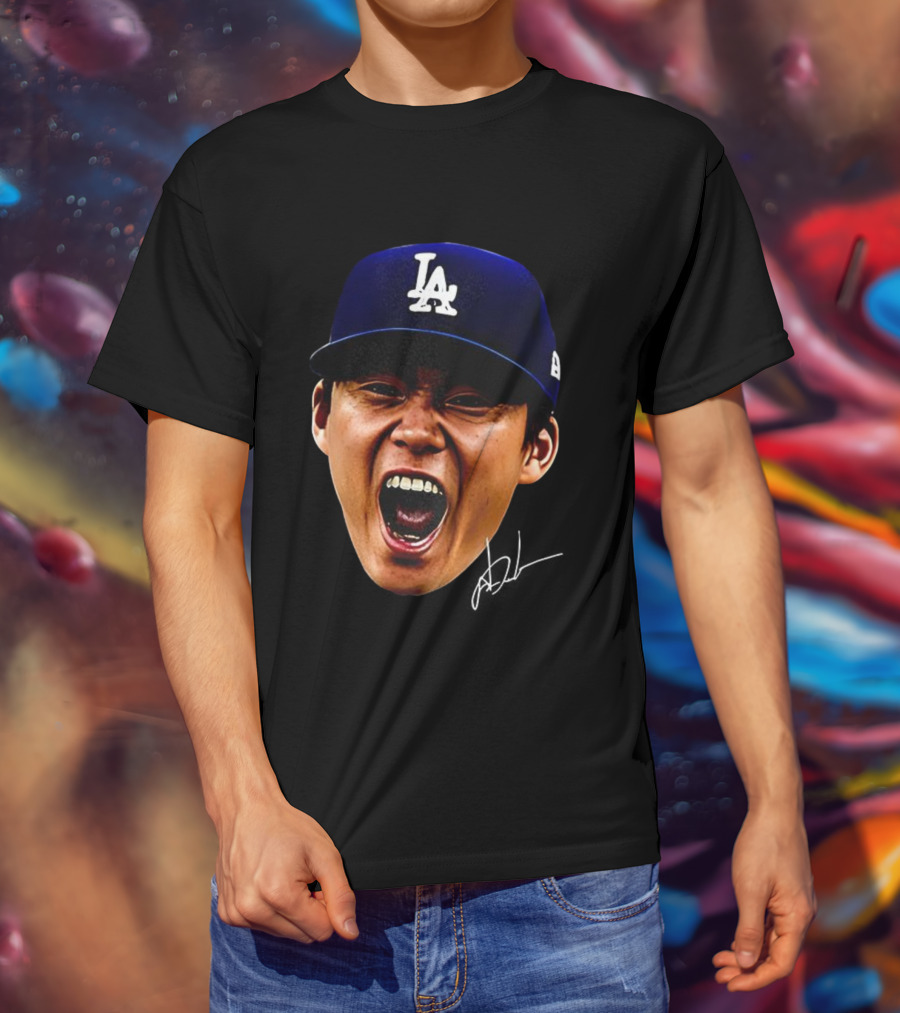 Yoshinobu Yamamoto LA Cap Big Head World Series Champions 2025 Signature T-Shirt