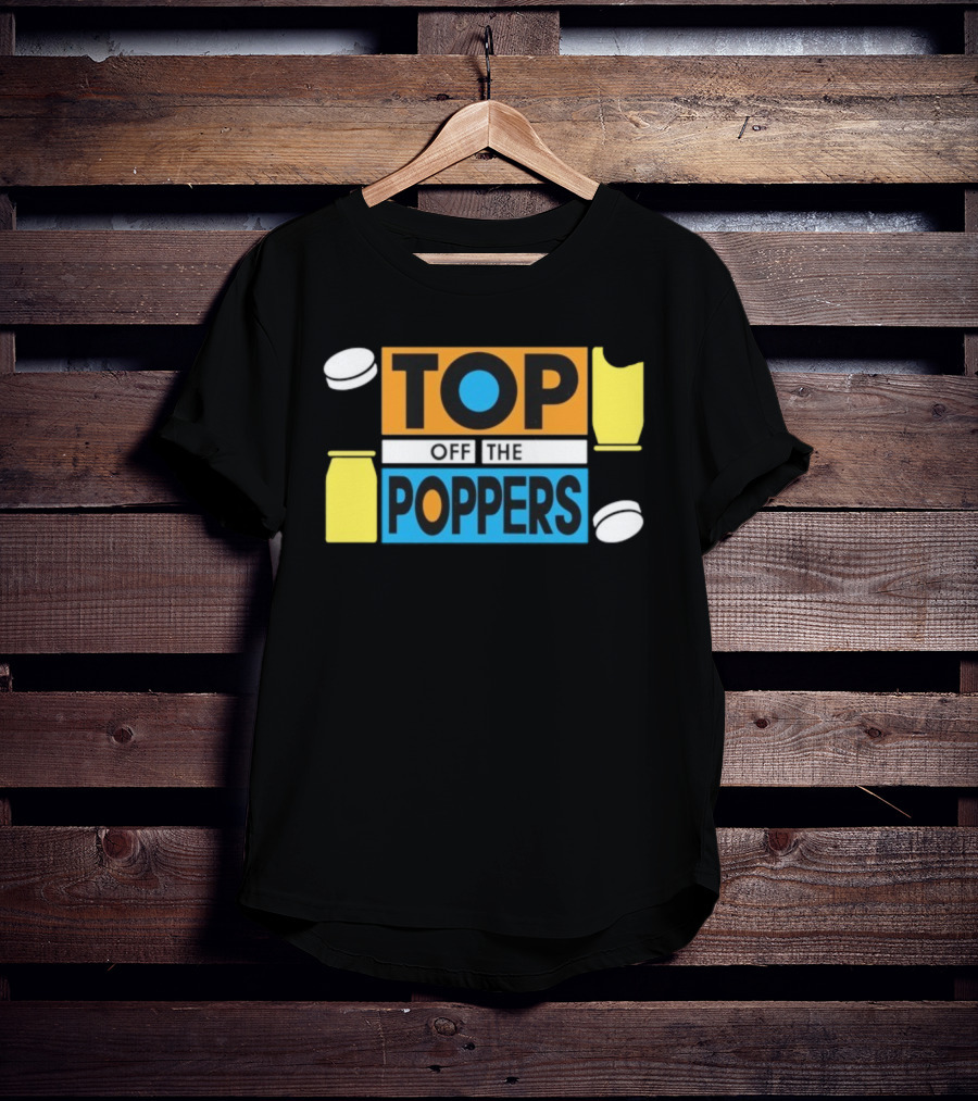 TOP OFF THE POPPERS Yellow And Blue Theme With White Pieces T-Shirt
