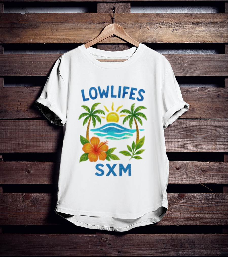 Lowlifes SXM Tropical Sunset 2025 Palms Hibiscus Ocean Sun T-Shirt