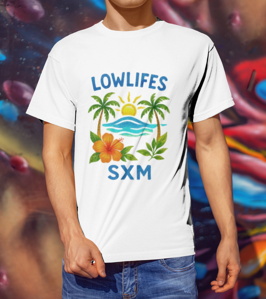 Lowlifes SXM Tropical Sunset 2025 Palms Hibiscus Ocean Sun T-Shirt