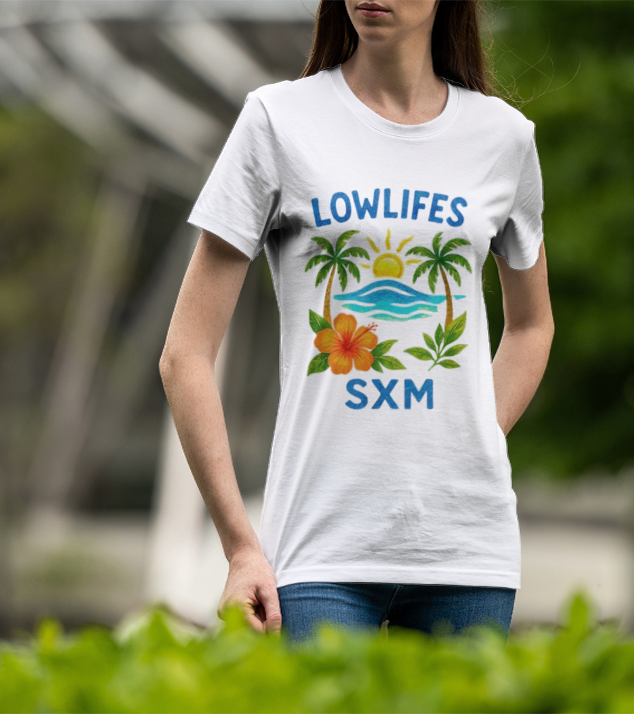 Lowlifes SXM Tropical Sunset 2025 Palms Hibiscus Ocean Sun T-Shirt