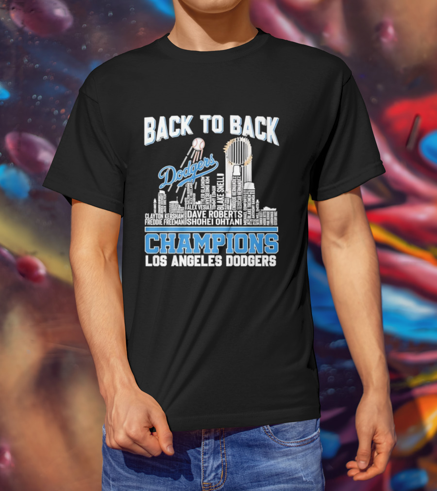 Back To Back Champions Dodgers Trophy Los Angeles Skyline T-Shirt