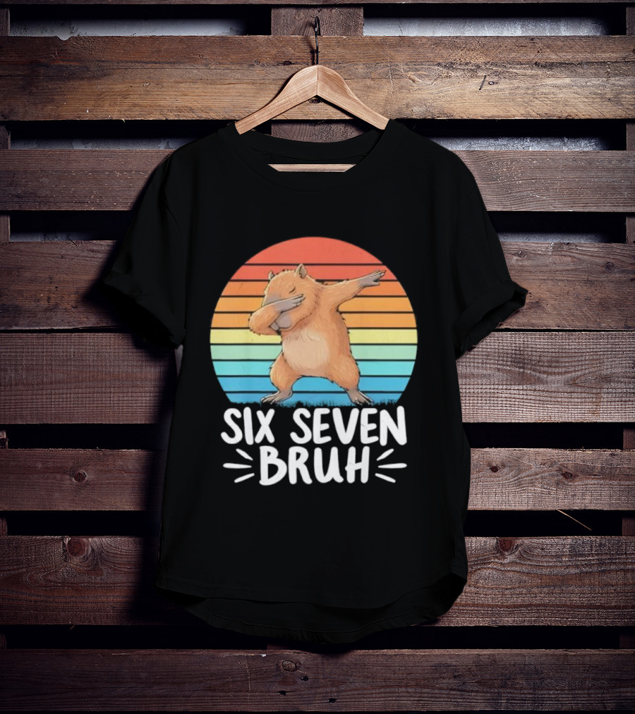 67 Meme Capybara Dabbing Six Seven Bruh Rainbow Retro T-Shirt