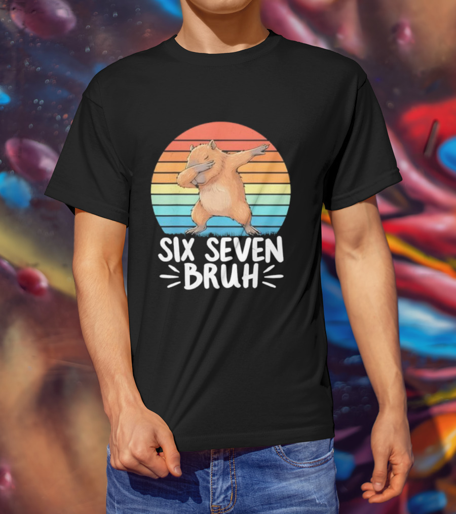 67 Meme Capybara Dabbing Six Seven Bruh Rainbow Retro T-Shirt