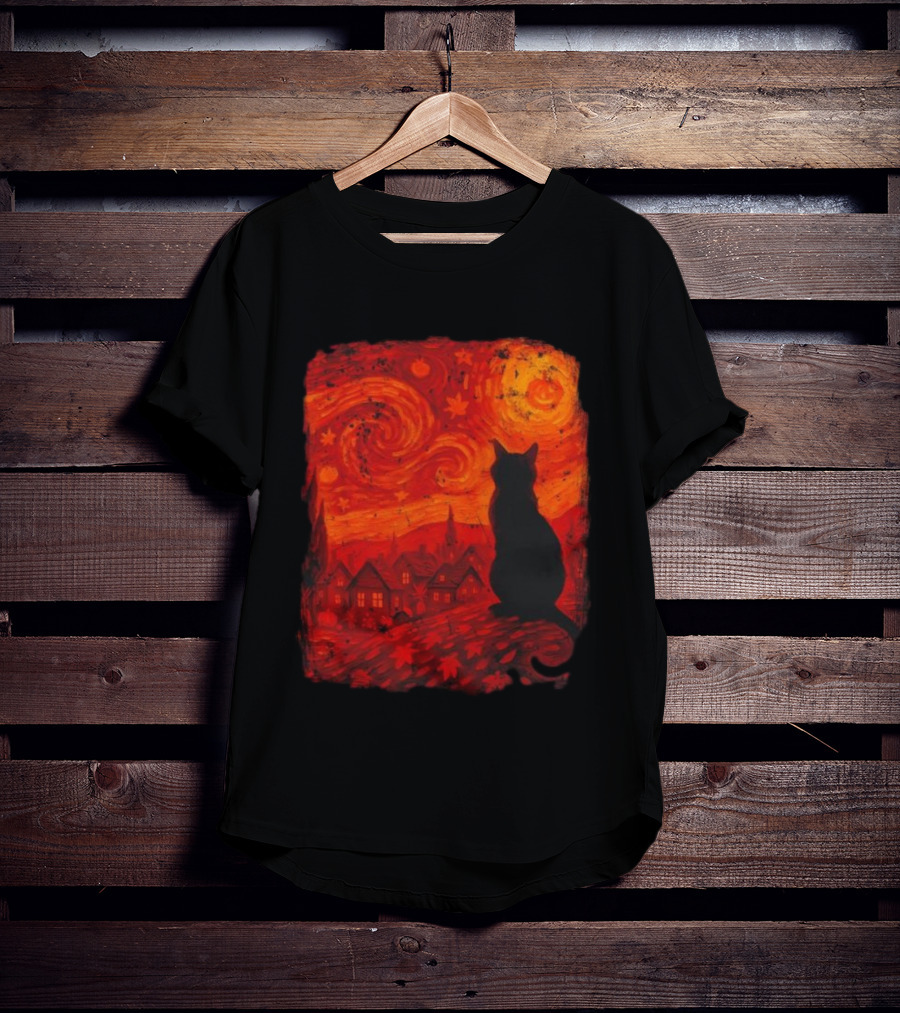 Van Gogh Cat Lover Starry Night Thanksgiving Autumn T-Shirt