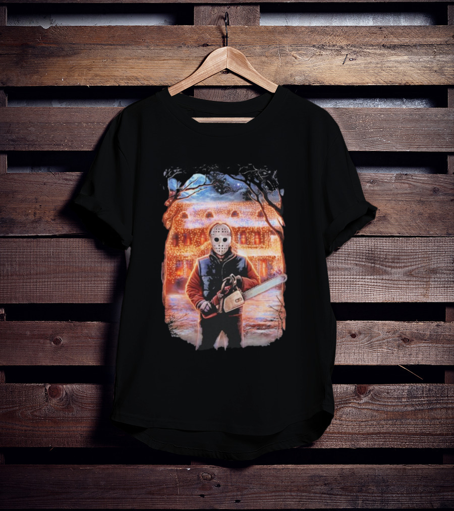Clark’s Revenge Chainsaw Christmas Lights Hockey Mask Retro Horror Holiday T-Shirt