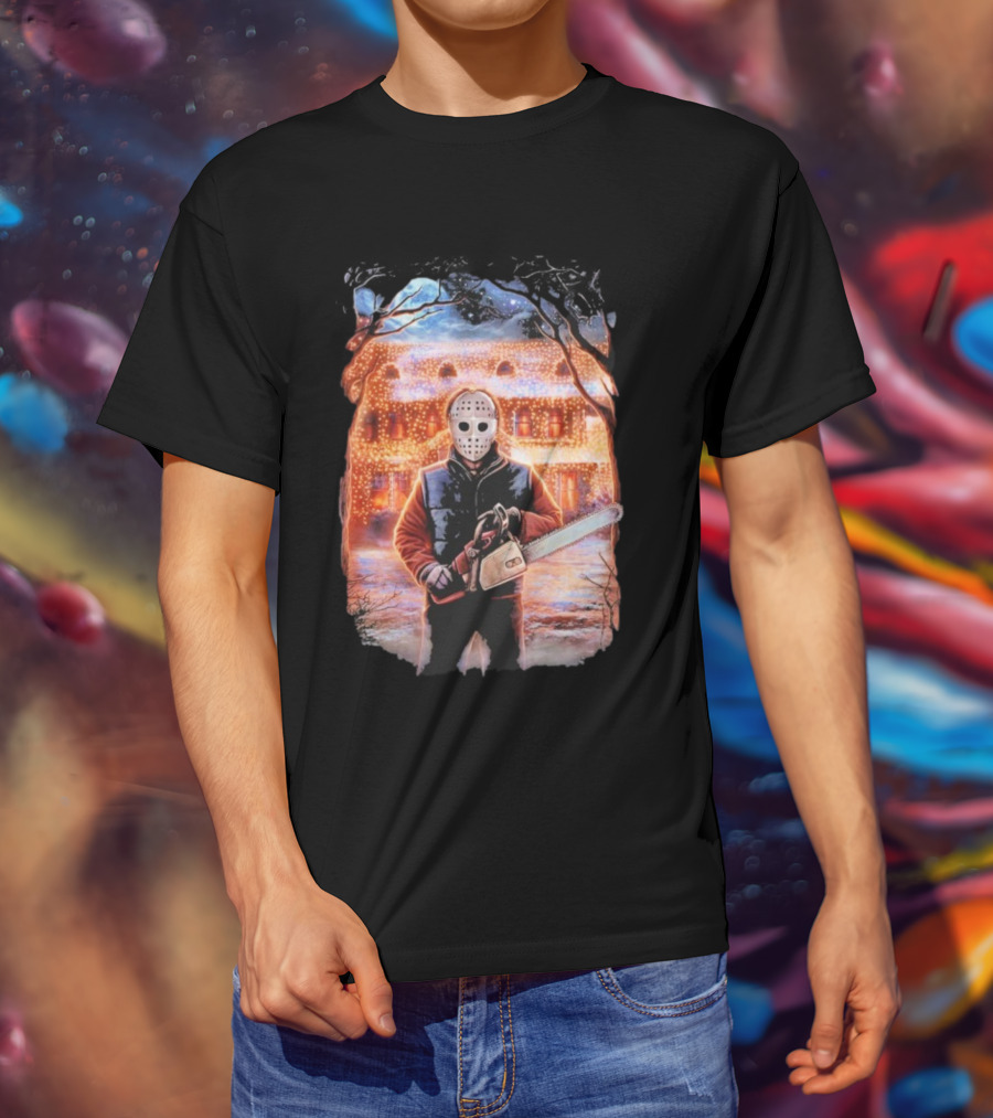 Clark’s Revenge Chainsaw Christmas Lights Hockey Mask Retro Horror Holiday T-Shirt