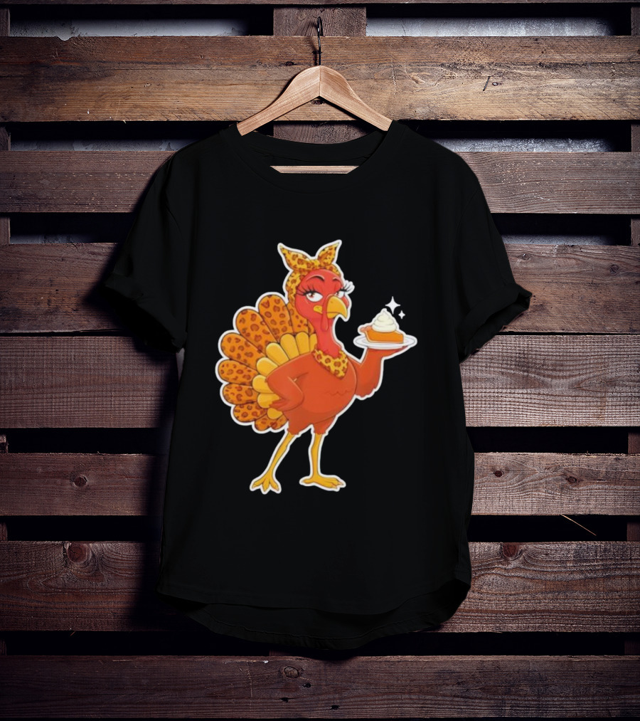 Leopard Print Turkey With Pumpkin Pie Thanksgiving T-Shirt
