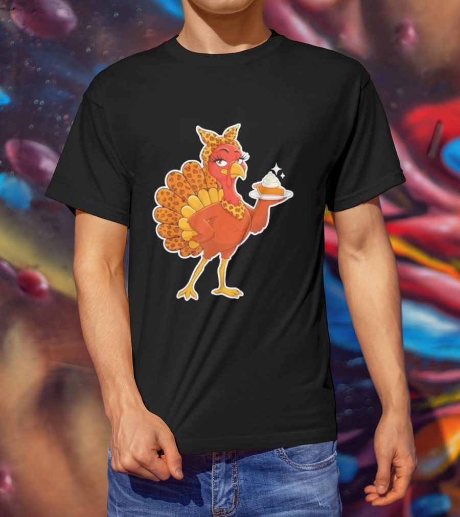 Leopard Print Turkey With Pumpkin Pie Thanksgiving T-Shirt