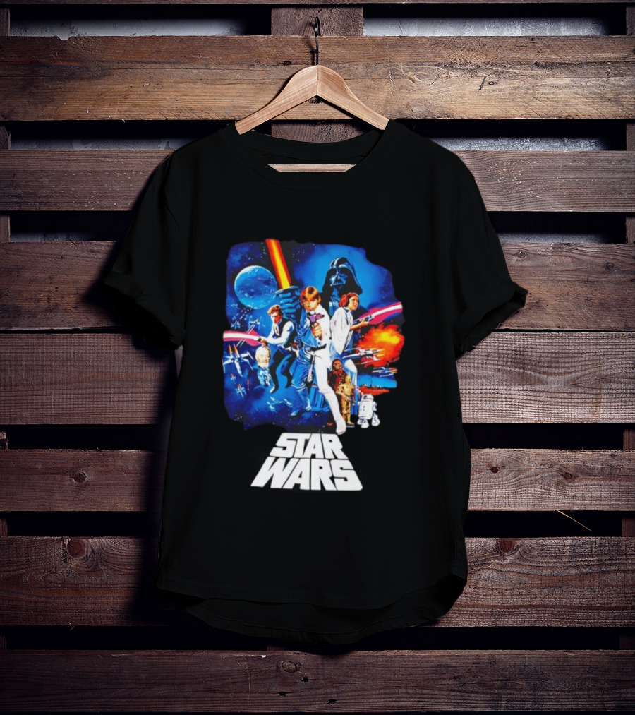 Star Wars New Hope Retro Darth Vader Luke Skywalker Leia Han Solo Chewbacca R2-D2 C-3PO Vintage Galactic Battle Scene T-Shirt