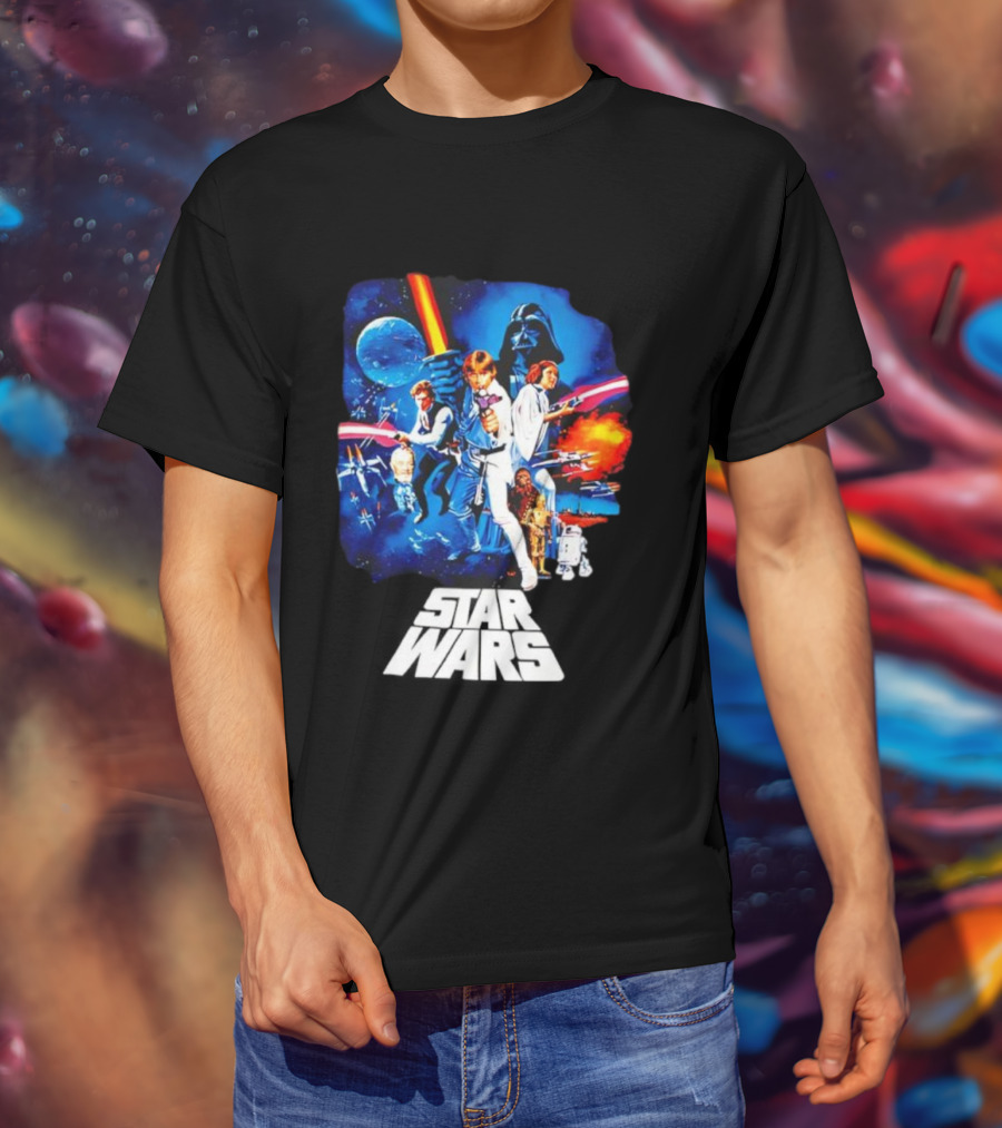 Star Wars New Hope Retro Darth Vader Luke Skywalker Leia Han Solo Chewbacca R2-D2 C-3PO Vintage Galactic Battle Scene T-Shirt