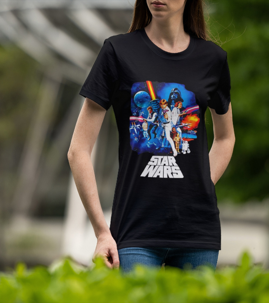 Star Wars New Hope Retro Darth Vader Luke Skywalker Leia Han Solo Chewbacca R2-D2 C-3PO Vintage Galactic Battle Scene T-Shirt