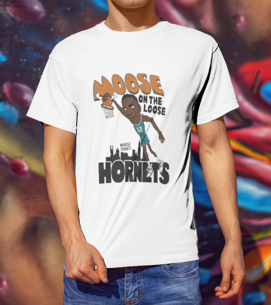 Moose On The Loose Hornets Moussa Diabate Caricature Dunk T-Shirt