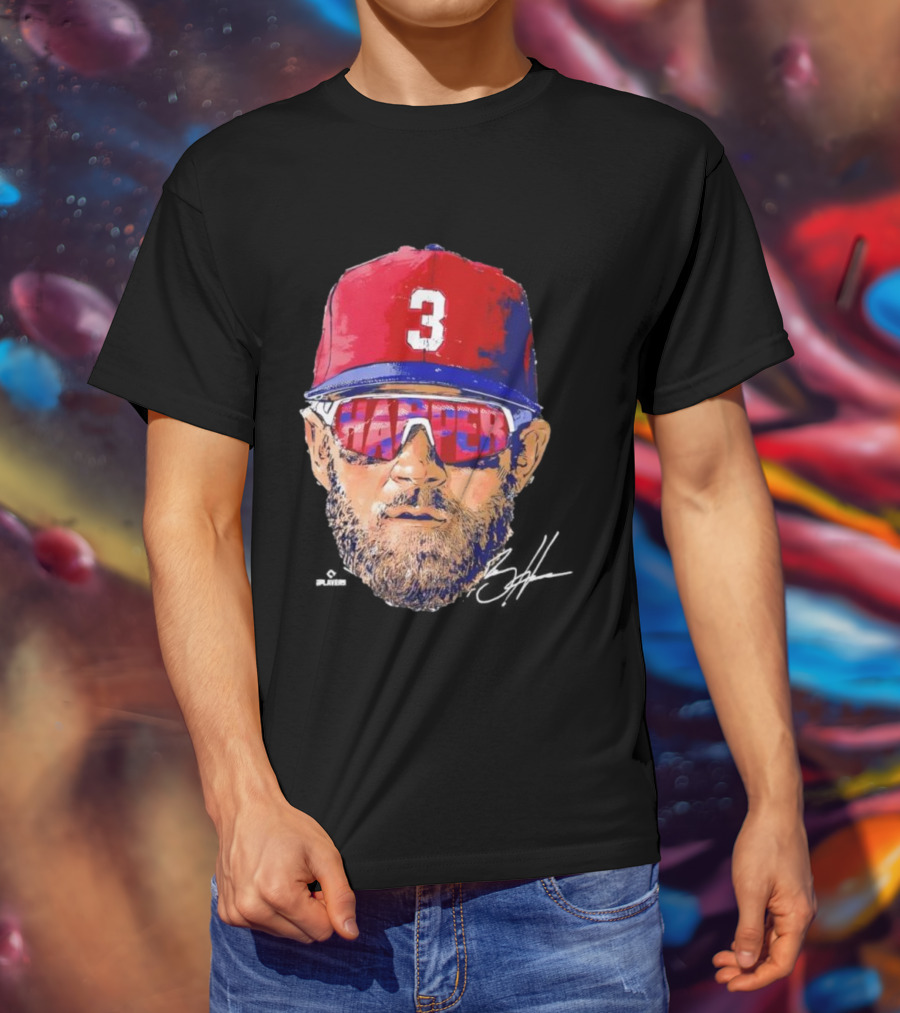 Philadelphia Phillies Bryce Harper Signature Head 3 Cap Sunglasses T-Shirt