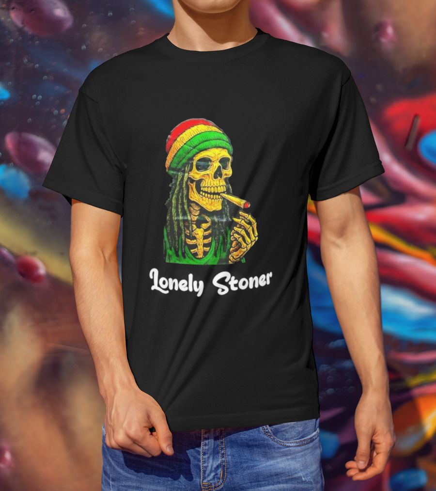 Lonely Stoner Dreadlocked Skull Smoking Rasta Colors T-Shirt