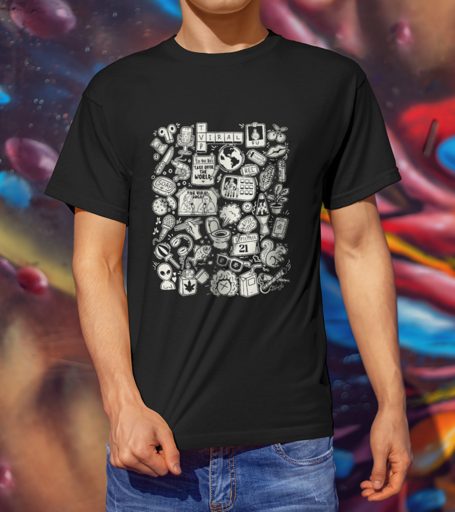 The Viral Podcast Doodle Funny Icons And Words Collage T-Shirt