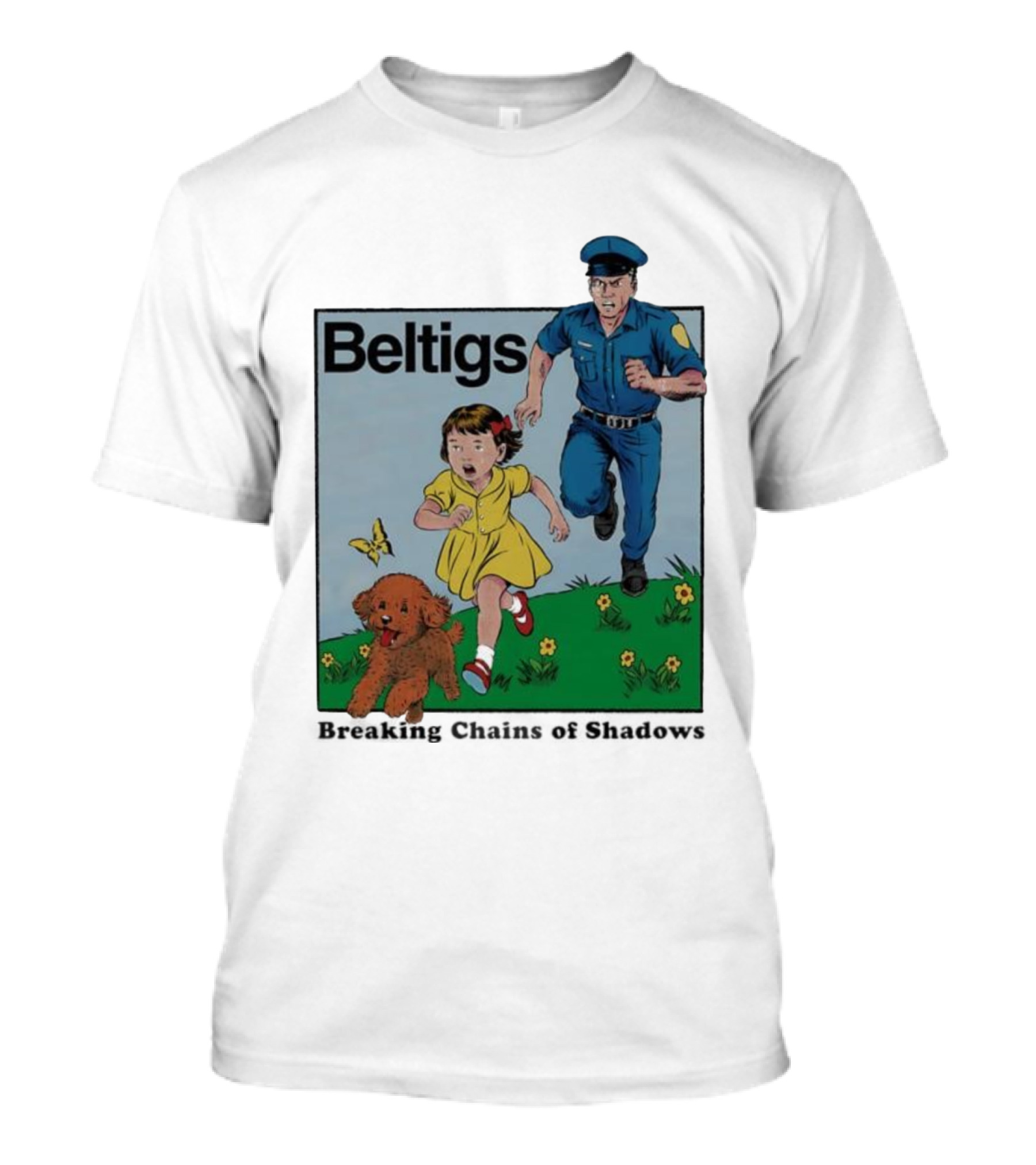 Beltigs Escape Run With Policeman Girl Dog And Butterfly T-Shirt