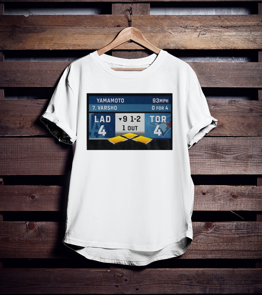 Los Angeles Dodgers Vs Toronto Blue Jays Bottom Of 9th Inning Score Tied 4-4 With Pitcher Yamamoto And Batter Varsho T-Shirt