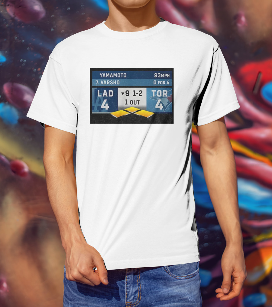 Los Angeles Dodgers Vs Toronto Blue Jays Bottom Of 9th Inning Score Tied 4-4 With Pitcher Yamamoto And Batter Varsho T-Shirt