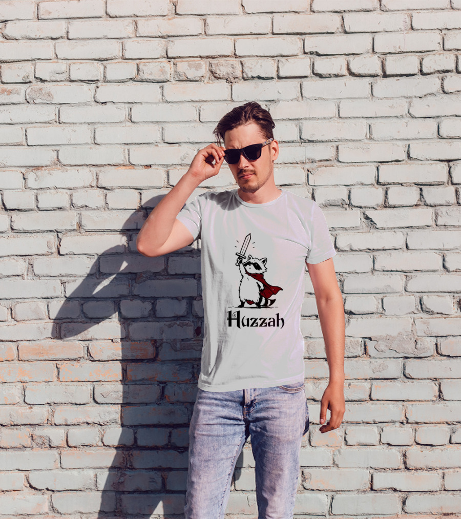 Raccoon Warrior Huzzah Red Cape Sword Heroic Pose T-Shirt