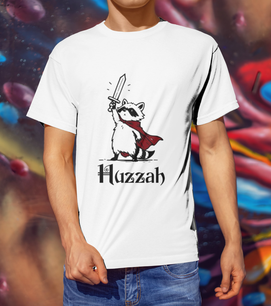 Raccoon Warrior Huzzah Red Cape Sword Heroic Pose T-Shirt