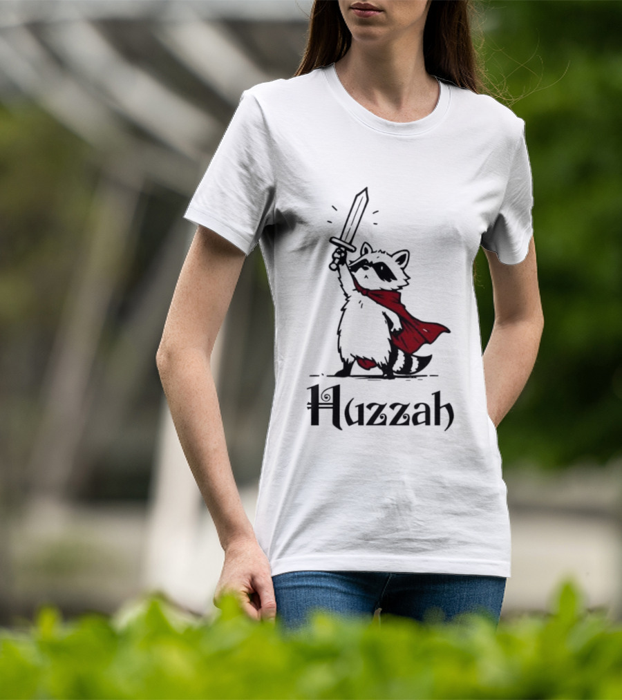 Raccoon Warrior Huzzah Red Cape Sword Heroic Pose T-Shirt