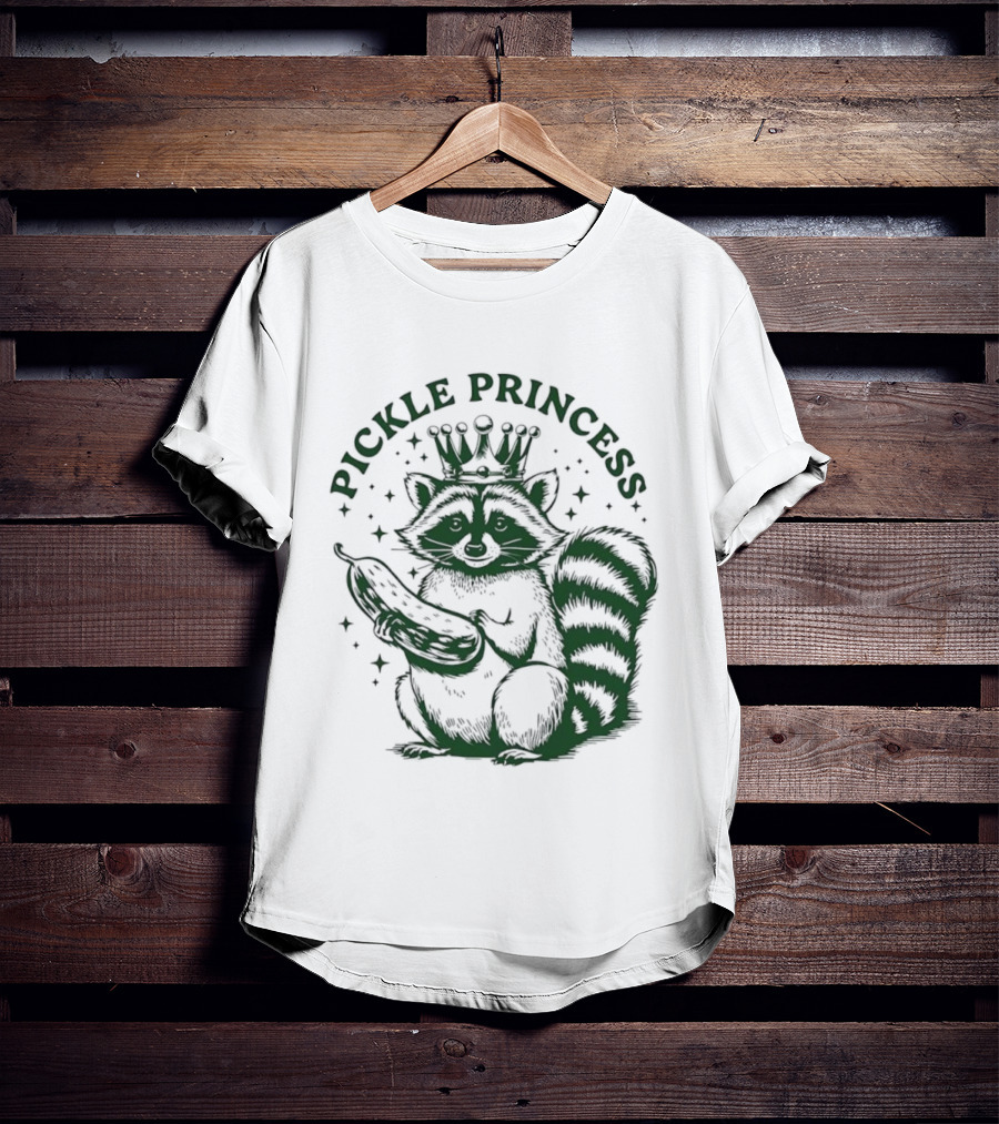 Pickle Princess Raccoon Holding Pickle With Crown And Stars T-Shirt